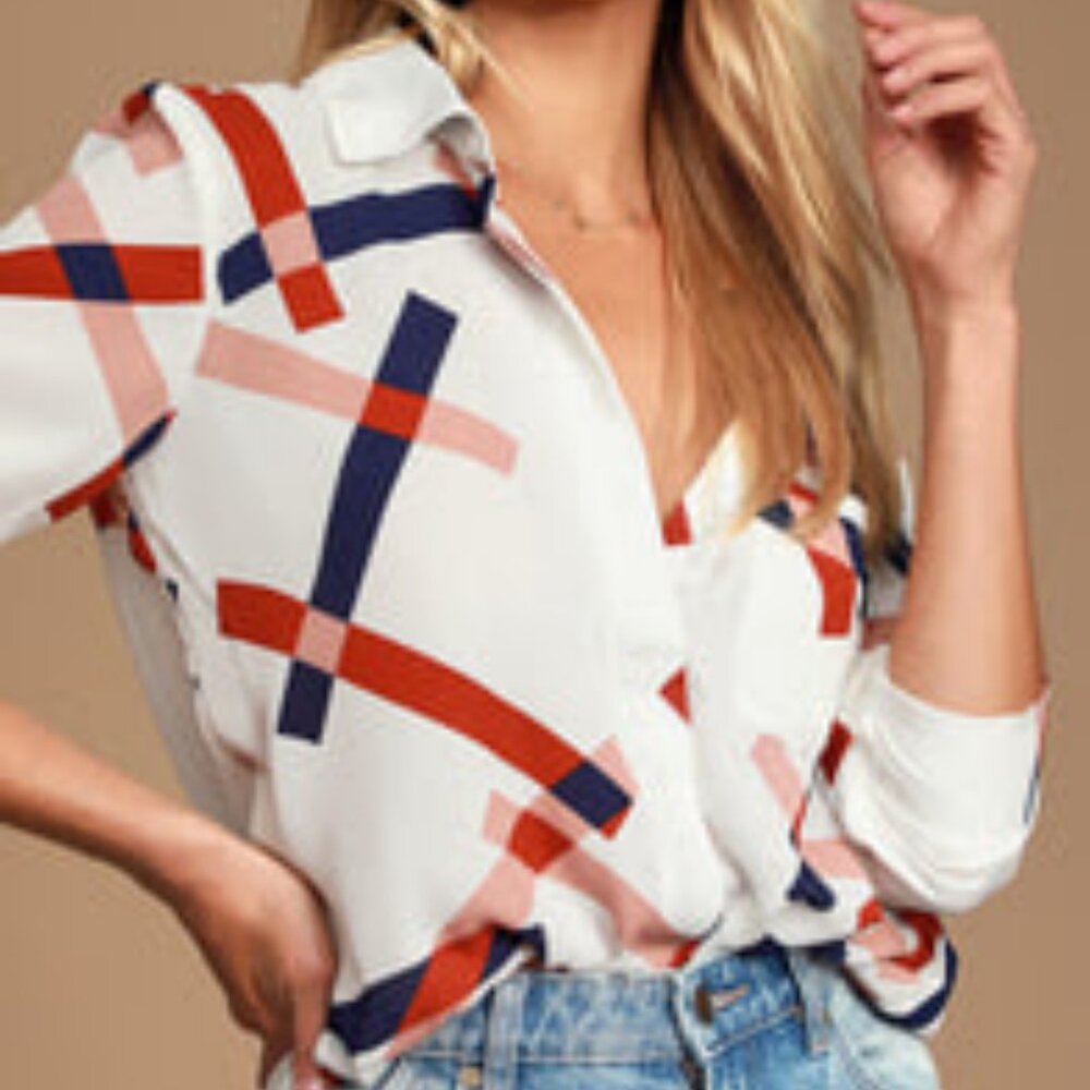 Lulus Camrose White Geometric Print Button-Up Long Sleeve Top S